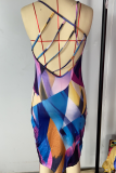Blue Sexy Print Patchwork Spaghetti Strap Pencil Skirt Dresses