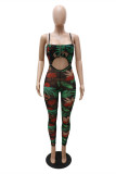Green Fashion Sexy Print Hollowed Out Backless Spaghetti Strap Skinny Jumpsuits