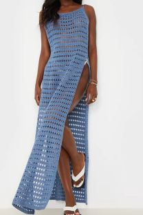 Blue Sexy Patchwork Solid Mesh Swimwears Cover Up