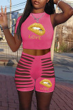 White Fashion Casual Lips Printed Ripped O Neck Sleeveless Two Pieces
