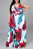 White Red Fashion Casual Print Backless V Neck Sling Dress