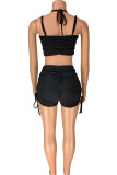 Pink Casual Solid Patchwork Fold Spaghetti Strap Sleeveless Two Pieces