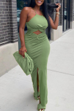 Green Sexy Solid Hollowed Out Halter Irregular Dress Dresses