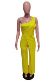 Yellow Sexy Casual Solid Backless One Shoulder Regular Jumpsuits