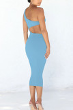 Red Sexy Solid Hollowed Out Patchwork Oblique Collar Pencil Skirt Dresses