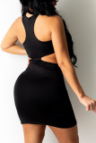 Black Sexy Solid Hollowed Out Asymmetrical Halter A Line Dresses