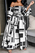 Black White Fashion Print Backless Off the Shoulder Plus Size Jumpsuits