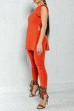 Orange Fashion Casual Solid Slit O Neck Sleeveless Two Pieces
