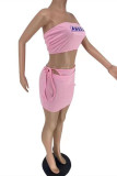Pink Fashion Sexy Letter Print Bandage Backless Strapless Sleeveless Three-piece Set