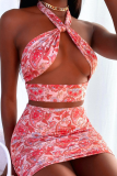 Pink Sexy Print Patchwork Halter Sleeveless Two Pieces