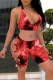 Red Sexy Print Hollowed Out Patchwork Frenulum Halter Sleeveless Two Pieces Swimwear