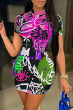 Red Sexy Casual Print Basic O Neck Short Sleeve Dress