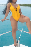 Orange Sexy Solid Hollowed Out Draw String Swimwears