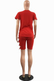 Red Sexy Solid Ripped Bandage O Neck Short Sleeve Two Pieces