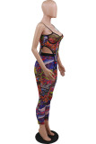 Red Sexy Print Patchwork See-through Spaghetti Strap Sleeveless Two Pieces