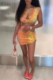 Yellow Fashion Sexy Print Basic V Neck Sleeveless Two Pieces