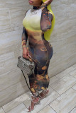 Brown Fashion Sexy Print See-through O Neck Long Sleeve Dresses