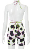 Multi-color Sexy Print Patchwork Frenulum Backless Halter Sleeveless Two Pieces