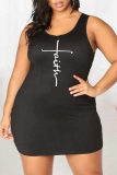 Black Fashion Casual Print Basic U Neck Vest Dress