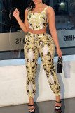 Gold Sexy Casual Print Backless Spaghetti Strap Sleeveless Two Pieces