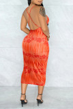 Orange Fashion Sexy Print Backless Spaghetti Strap Sleeveless Dress