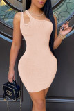 Pink Casual Solid Hollowed Out Patchwork Oblique Collar Pencil Skirt Dresses