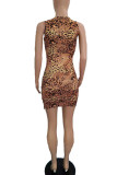 Brown Sexy Leopard Chains O Neck Wrapped Skirt Dresses