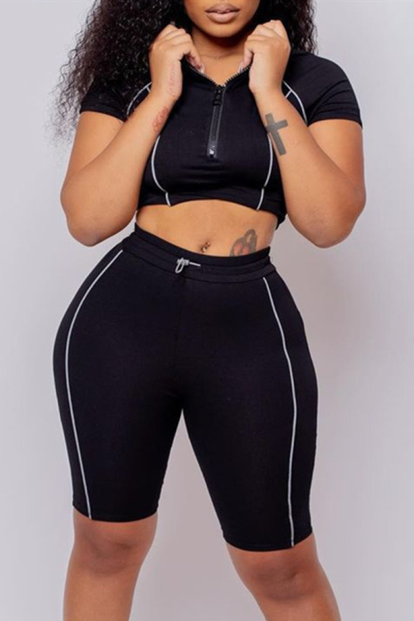 Black Casual Solid Basic Zipper Collar Short Sleeve Two Pieces