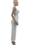 White Sexy Solid Hollowed Out O Neck Pencil Skirt Dresses