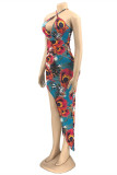 Blue Sexy Print Hollowed Out Backless Spaghetti Strap Sleeveless Dress