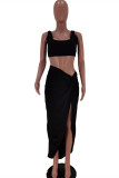 Black Sexy Casual Solid Slit U Neck Sleeveless Two Pieces