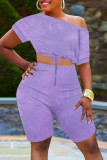 Purple Fashion Casual Print Bandage Oblique Collar Short Sleeve Two Pieces