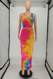 Multicolor Sexy Casual Tie Dye Printing U Neck Sleeveless Two Pieces