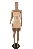 Light Coffee Fashion Sexy Solid Tassel Backless Strapless Sleeveless Two Pieces