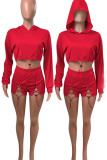 Red Casual Solid Hollowed Out Split Joint Frenulum Hooded Collar Long Sleeve Two Pieces