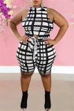 Pink Casual Plaid Print Bandage O Neck Plus Size Two Pieces