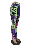 Purple Fashion Casual Print Patchwork Regular High Waist Trousers