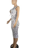 Leopard Print Sexy Print Bandage Hollowed Out Patchwork Oblique Collar Pencil Skirt Dresses