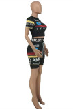 Black Casual Sportswear Print Basic O Neck Short Sleeve Two Pieces