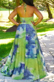 Green Fashion Print Tie Dye Hollowed Out Backless Halter Sleeveless Two Pieces