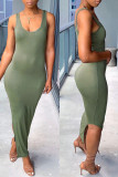 Green Fashion Casual Solid Slit O Neck Half Sleeve Two Pieces