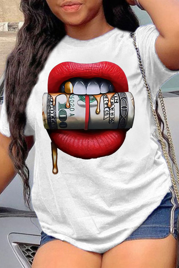 White Fashion Casual Lips Printed Basic O Neck T-Shirts