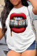 White Fashion Casual Lips Printed Basic O Neck T-Shirts
