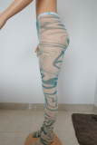 Green Sexy Print Split Joint See-through Sports