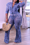 Blue Casual Print Patchwork Turndown Collar Long Sleeve Two Pieces