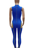 Blue Sexy Solid Hollowed Out Patchwork Mesh Half A Turtleneck Skinny Jumpsuits