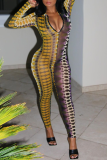Yellow Street Print Patchwork V Neck Skinny Jumpsuits