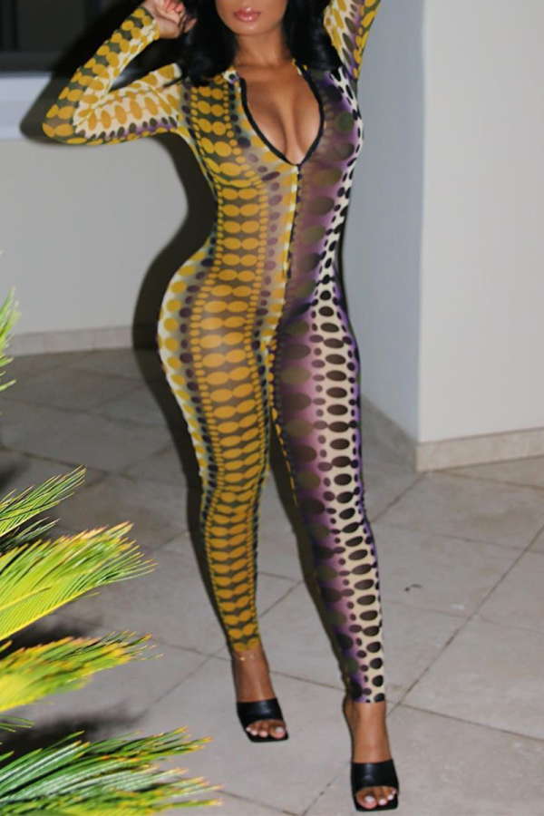 Yellow Street Print Patchwork V Neck Skinny Jumpsuits