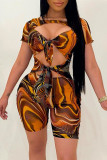Multicolor Fashion Sexy Print Hollowed Out O Neck Skinny Romper