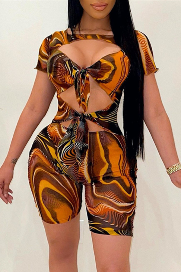 Multicolor Fashion Sexy Print Hollowed Out O Neck Skinny Romper
